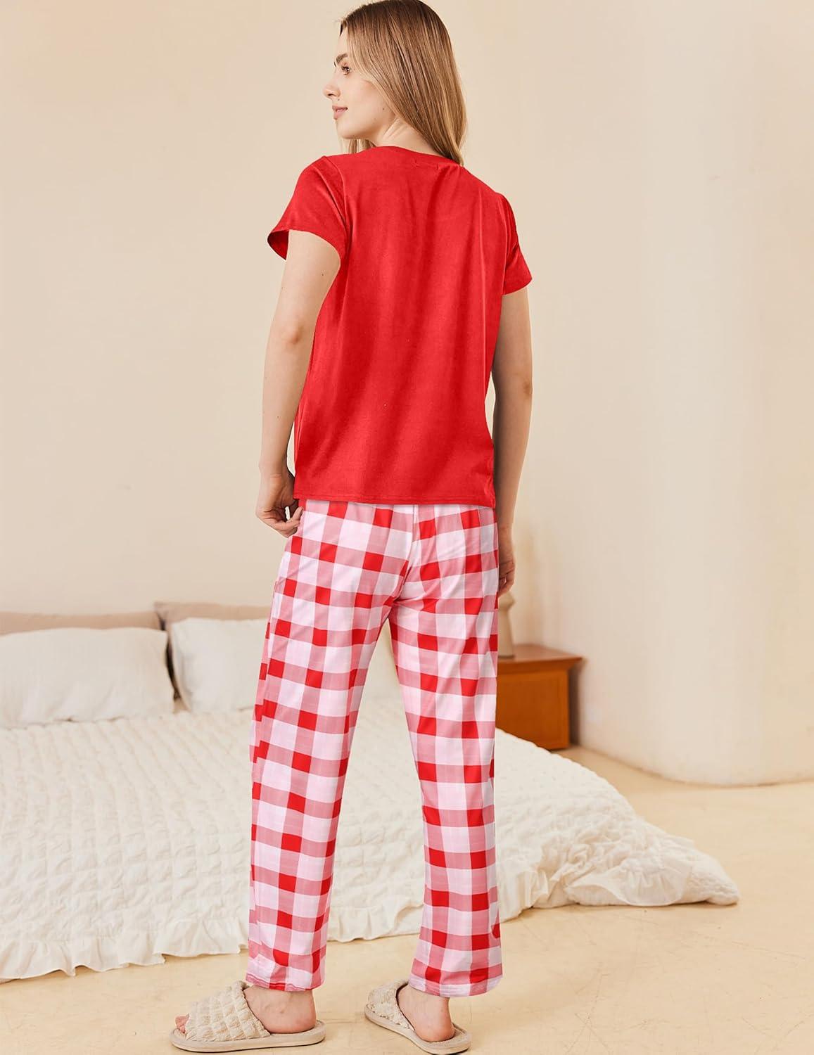 imageEkouaer Pajama Sets for Women Round Neck Pjs Short Sleeve Sleepwear with Long Pants Loose Lounge SetsRed Plaid