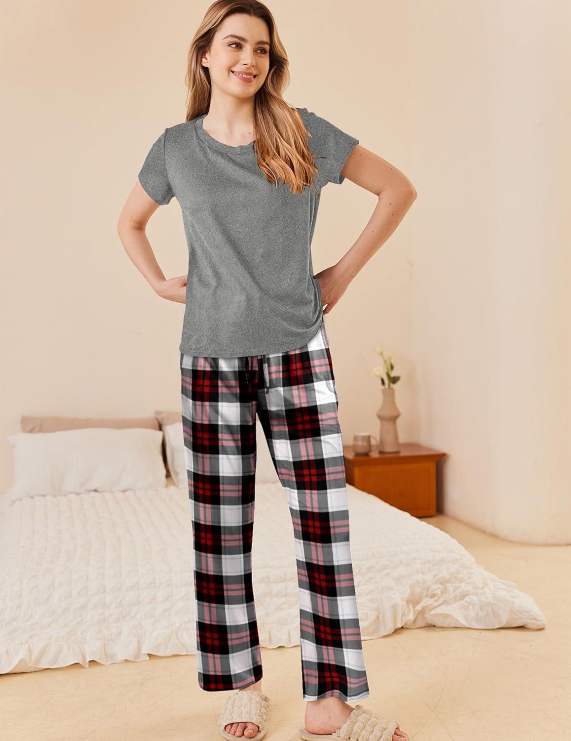 imageEkouaer Pajama Sets for Women Round Neck Pjs Short Sleeve Sleepwear with Long Pants Loose Lounge SetsWine Redwhite Plaid