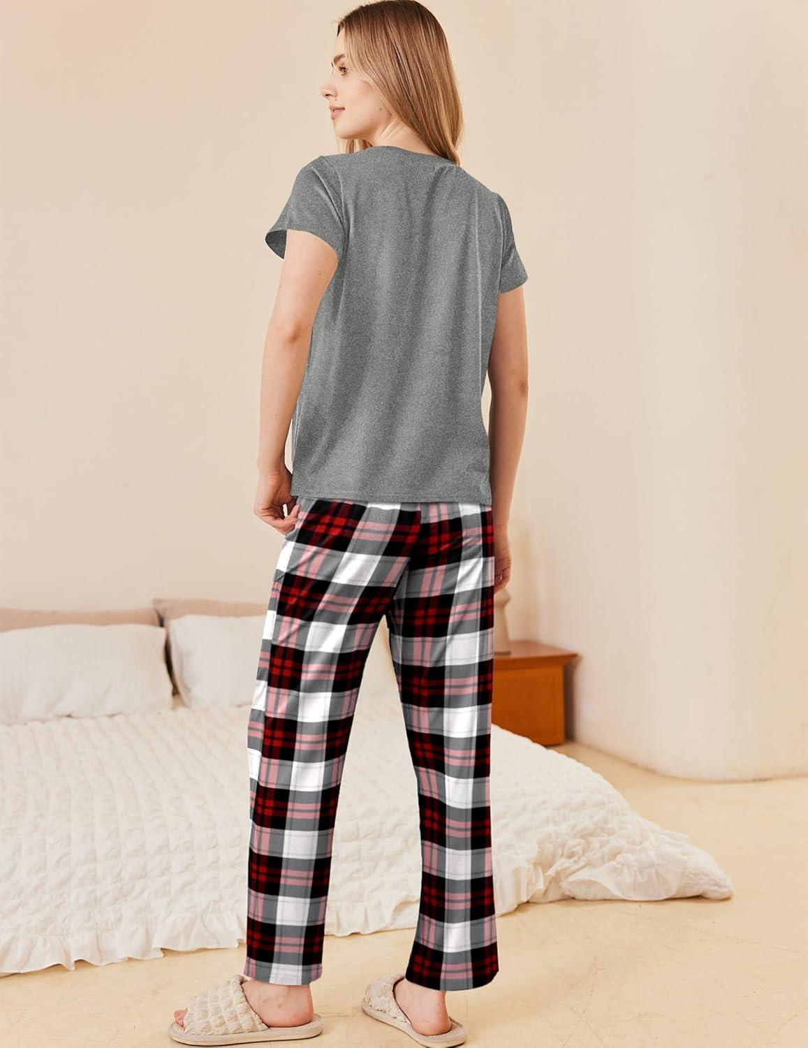imageEkouaer Pajama Sets for Women Round Neck Pjs Short Sleeve Sleepwear with Long Pants Loose Lounge SetsWine Redwhite Plaid
