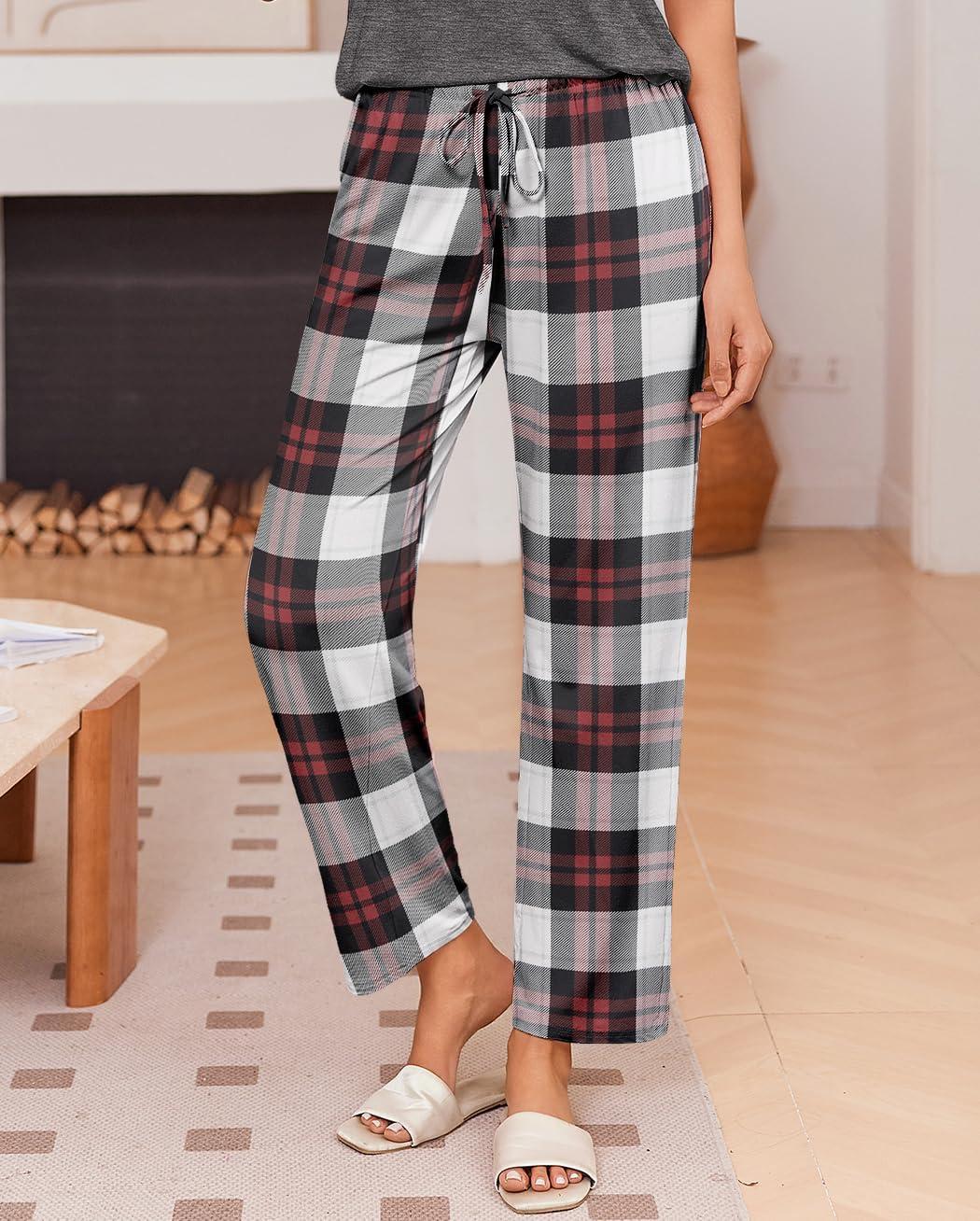 imageEkouaer Pajama Sets for Women Round Neck Pjs Short Sleeve Sleepwear with Long Pants Loose Lounge SetsWine Redwhite Plaid