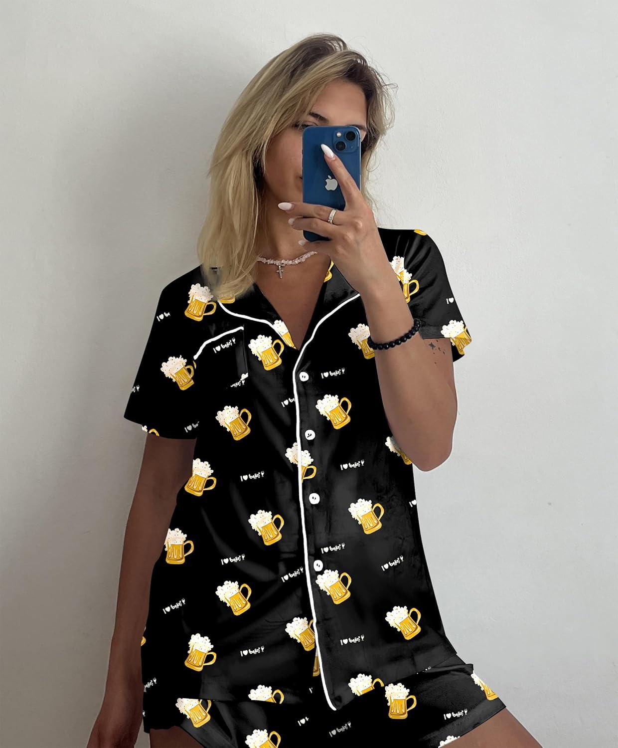 imageEkouaer Pajamas Set for Women Short Sleeve Sleepwear Button Down Pjs Soft 2 Piece Lounge Sets XSXXXLBlack Beer Print
