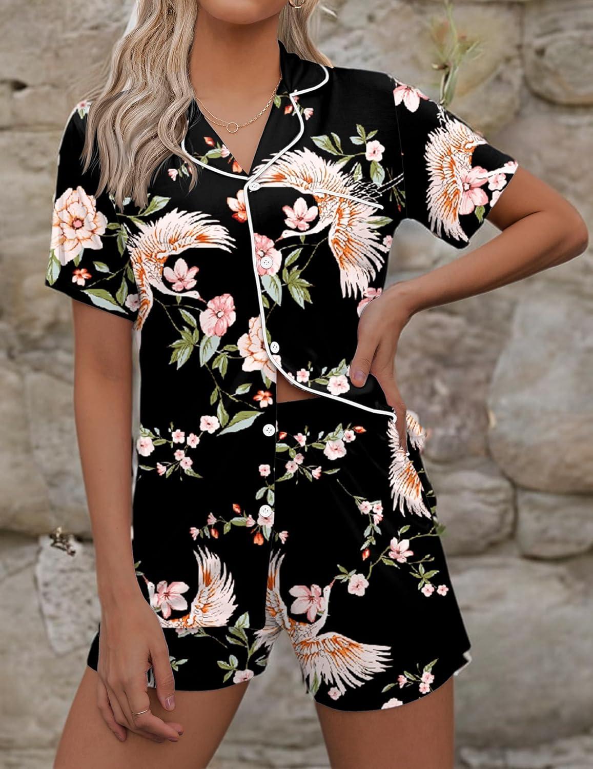 imageEkouaer Pajamas Set for Women Short Sleeve Sleepwear Button Down Pjs Soft 2 Piece Lounge Sets XSXXXLBlack Floral