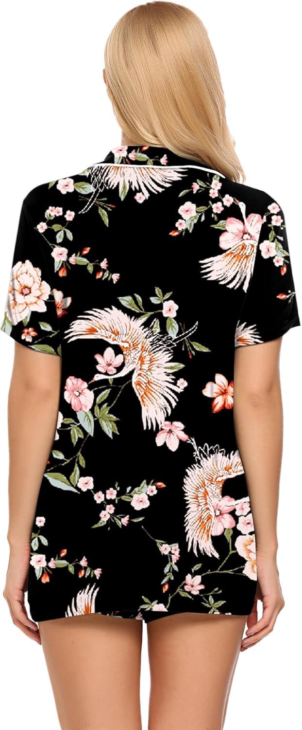 imageEkouaer Pajamas Set for Women Short Sleeve Sleepwear Button Down Pjs Soft 2 Piece Lounge Sets XSXXXLBlack Floral