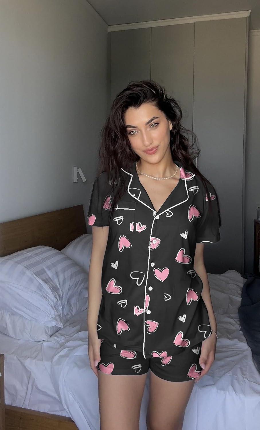 imageEkouaer Pajamas Set for Women Short Sleeve Sleepwear Button Down Pjs Soft 2 Piece Lounge Sets XSXXXLBlack With Pink Hearts