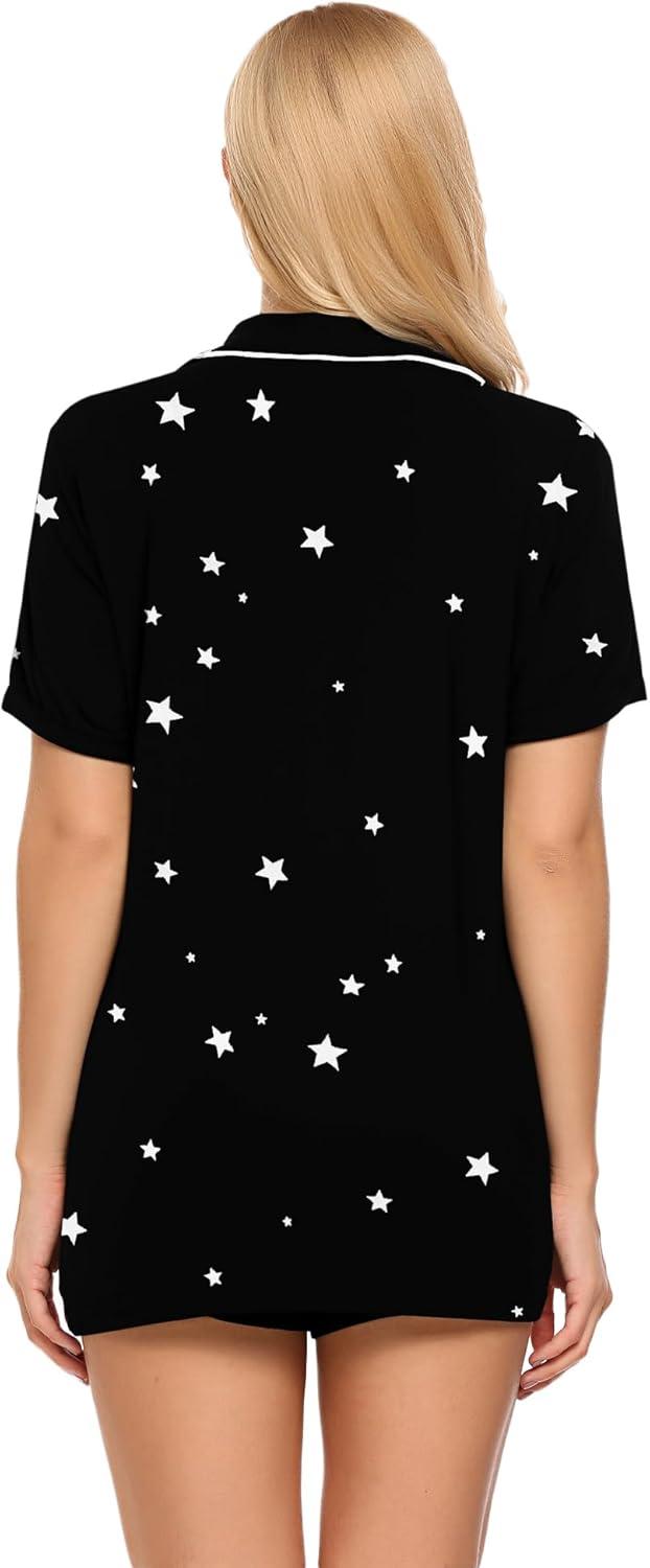 imageEkouaer Pajamas Set for Women Short Sleeve Sleepwear Button Down Pjs Soft 2 Piece Lounge Sets XSXXXLBlack With Stars