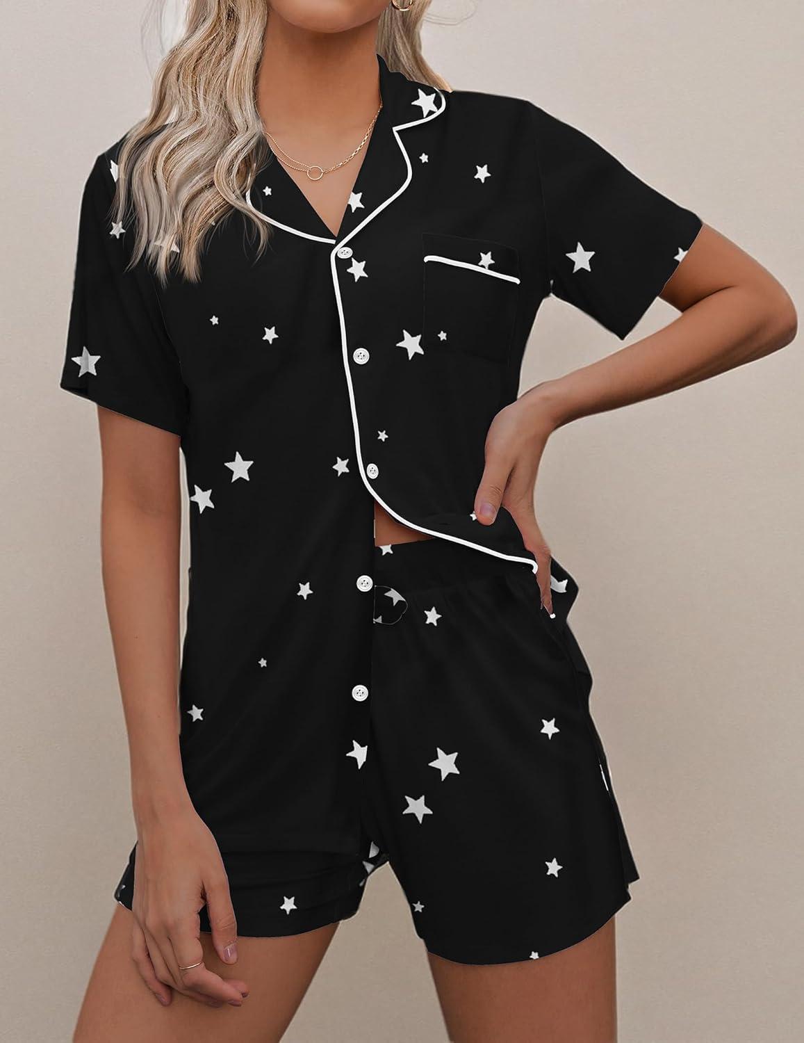 imageEkouaer Pajamas Set for Women Short Sleeve Sleepwear Button Down Pjs Soft 2 Piece Lounge Sets XSXXXLBlack With Stars