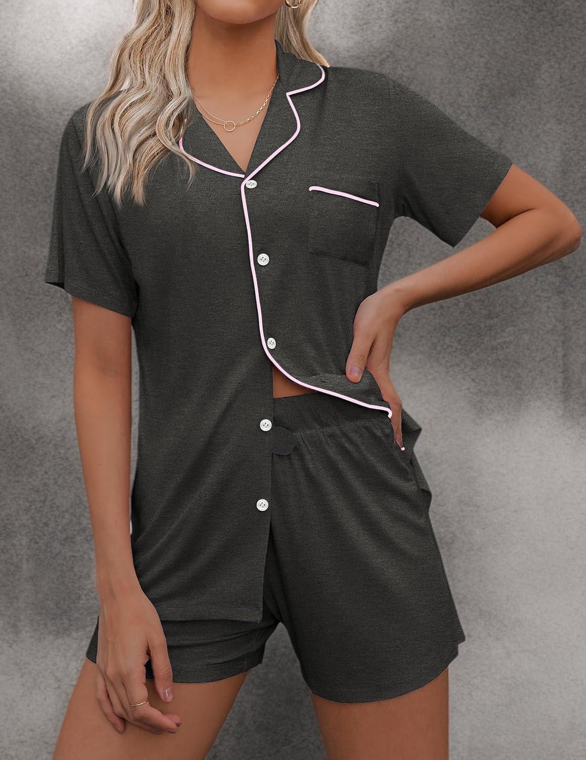 imageEkouaer Pajamas Set for Women Short Sleeve Sleepwear Button Down Pjs Soft 2 Piece Lounge Sets XSXXXLDeep Flower Gray