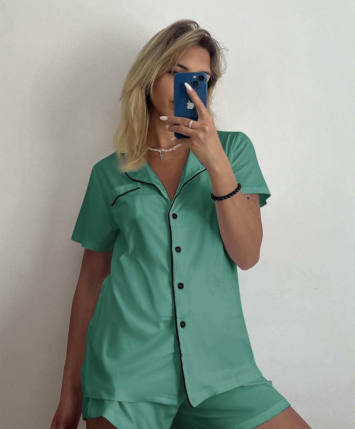 imageEkouaer Pajamas Set for Women Short Sleeve Sleepwear Button Down Pjs Soft 2 Piece Lounge Sets XSXXXLGray Green