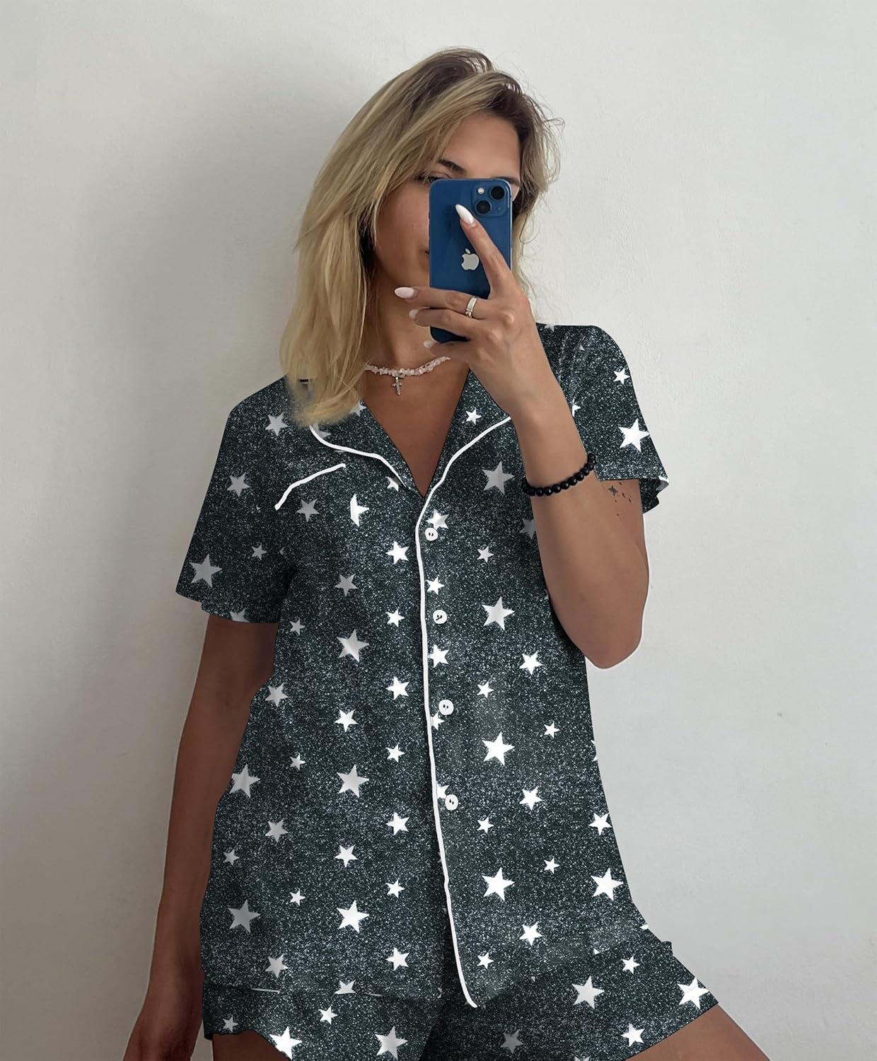 imageEkouaer Pajamas Set for Women Short Sleeve Sleepwear Button Down Pjs Soft 2 Piece Lounge Sets XSXXXLGray Star Print