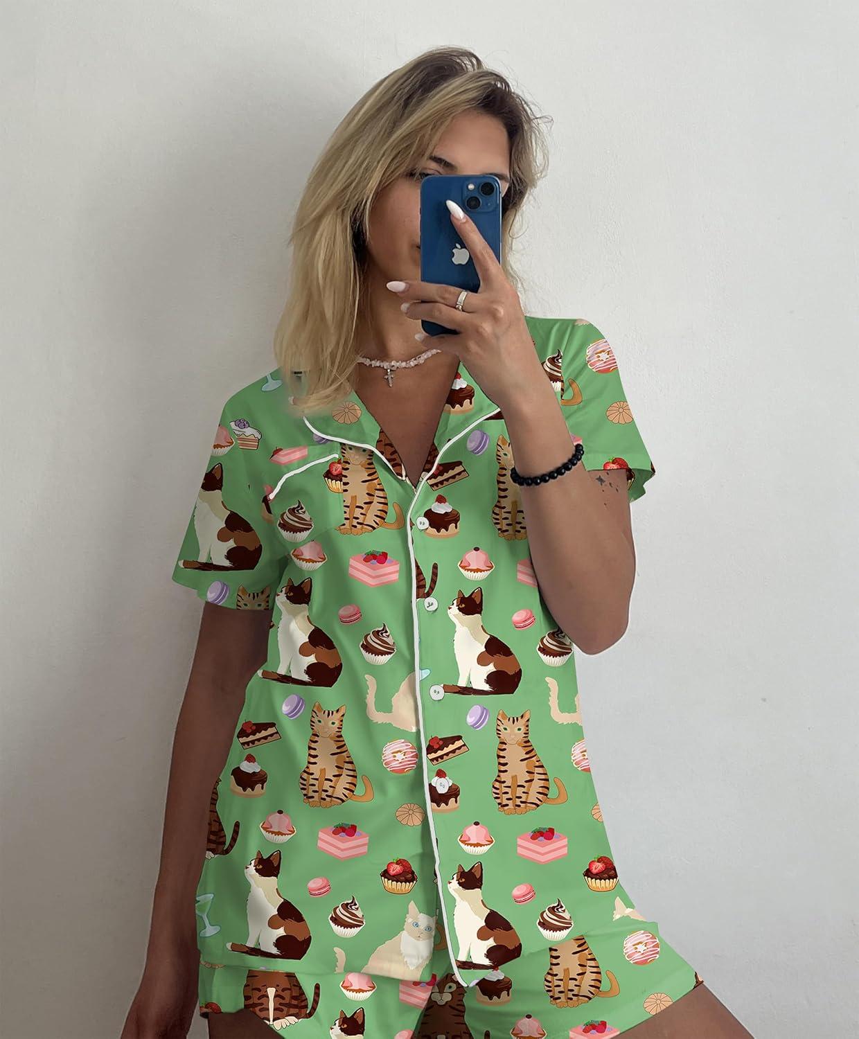 imageEkouaer Pajamas Set for Women Short Sleeve Sleepwear Button Down Pjs Soft 2 Piece Lounge Sets XSXXXLGreen Cat Print