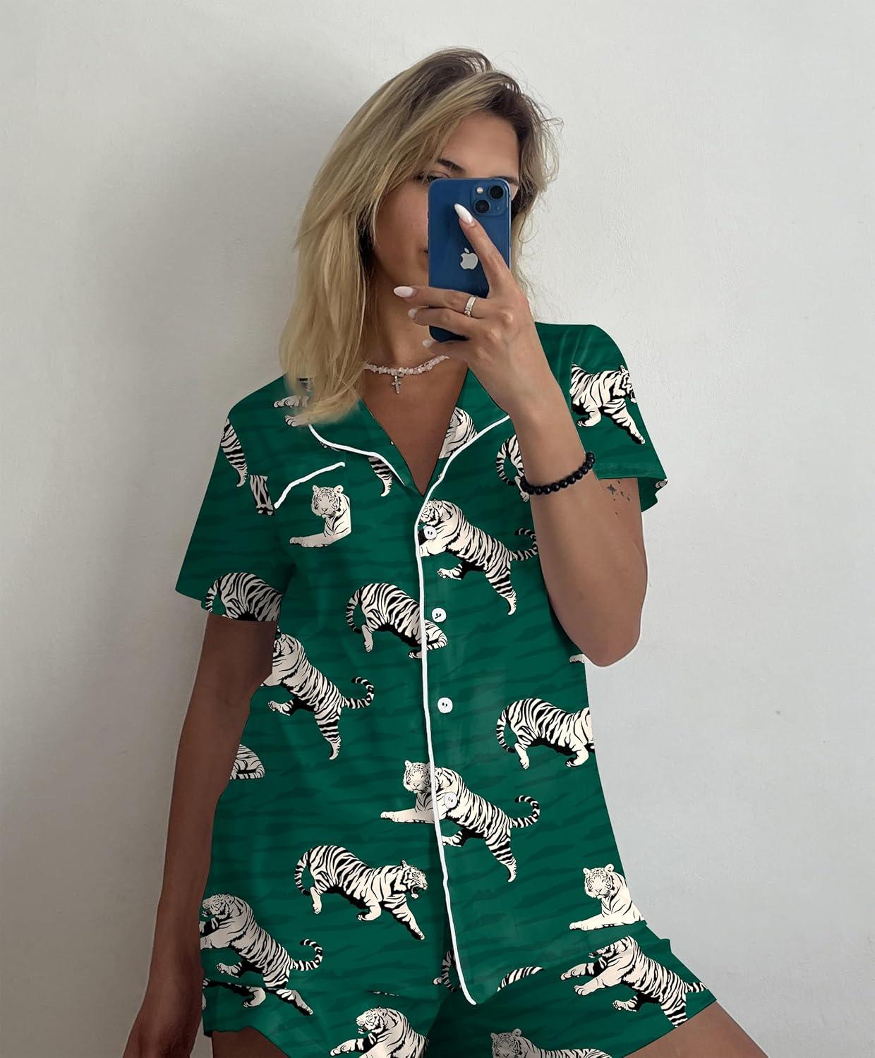imageEkouaer Pajamas Set for Women Short Sleeve Sleepwear Button Down Pjs Soft 2 Piece Lounge Sets XSXXXLGreen Tiger Print