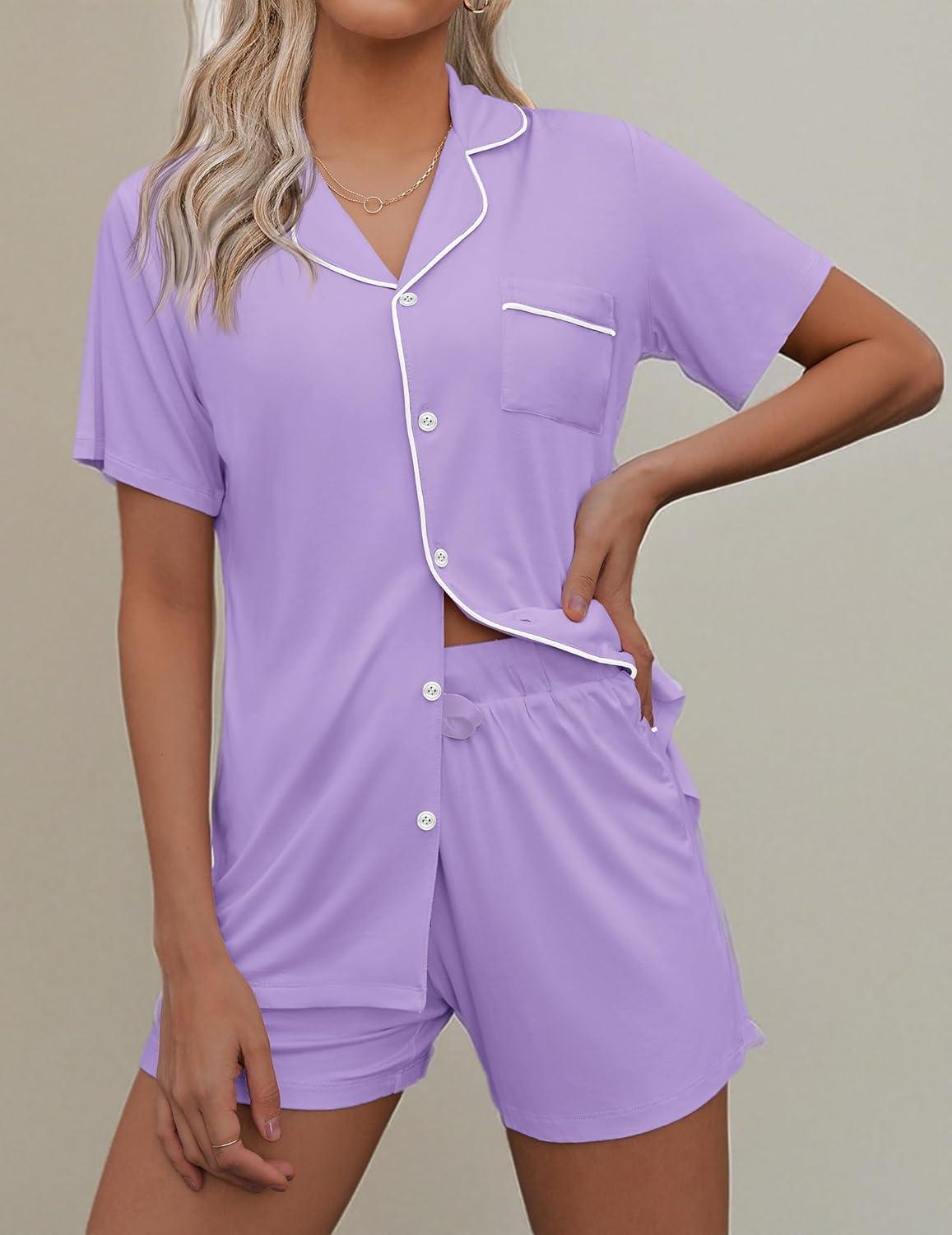 imageEkouaer Pajamas Set for Women Short Sleeve Sleepwear Button Down Pjs Soft 2 Piece Lounge Sets XSXXXLLavender