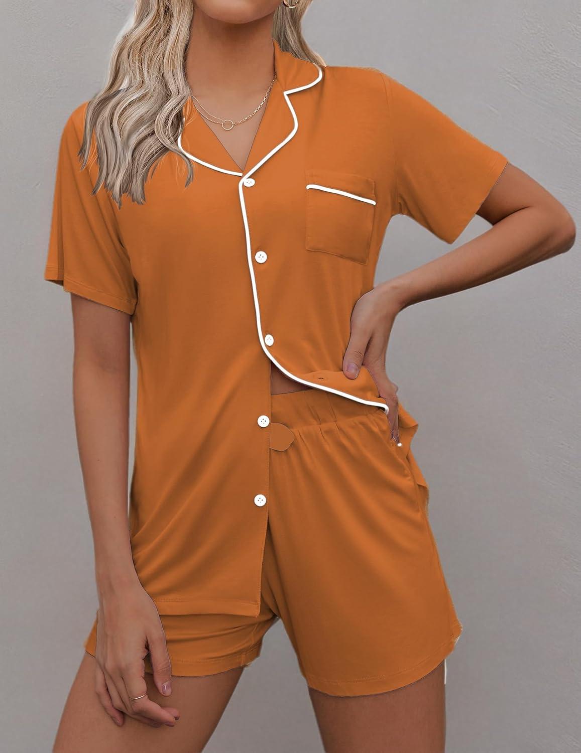 imageEkouaer Pajamas Set for Women Short Sleeve Sleepwear Button Down Pjs Soft 2 Piece Lounge Sets XSXXXLLight Brown