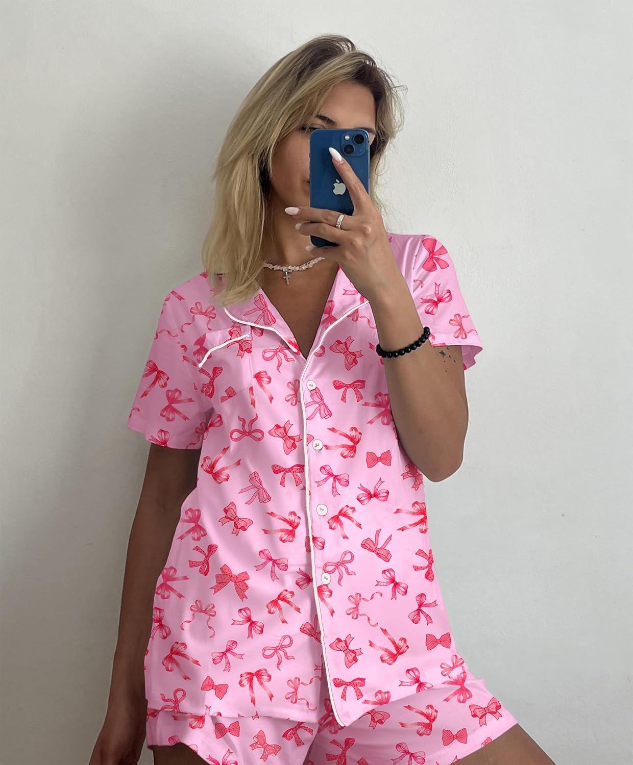 imageEkouaer Pajamas Set for Women Short Sleeve Sleepwear Button Down Pjs Soft 2 Piece Lounge Sets XSXXXLPink Bow Print