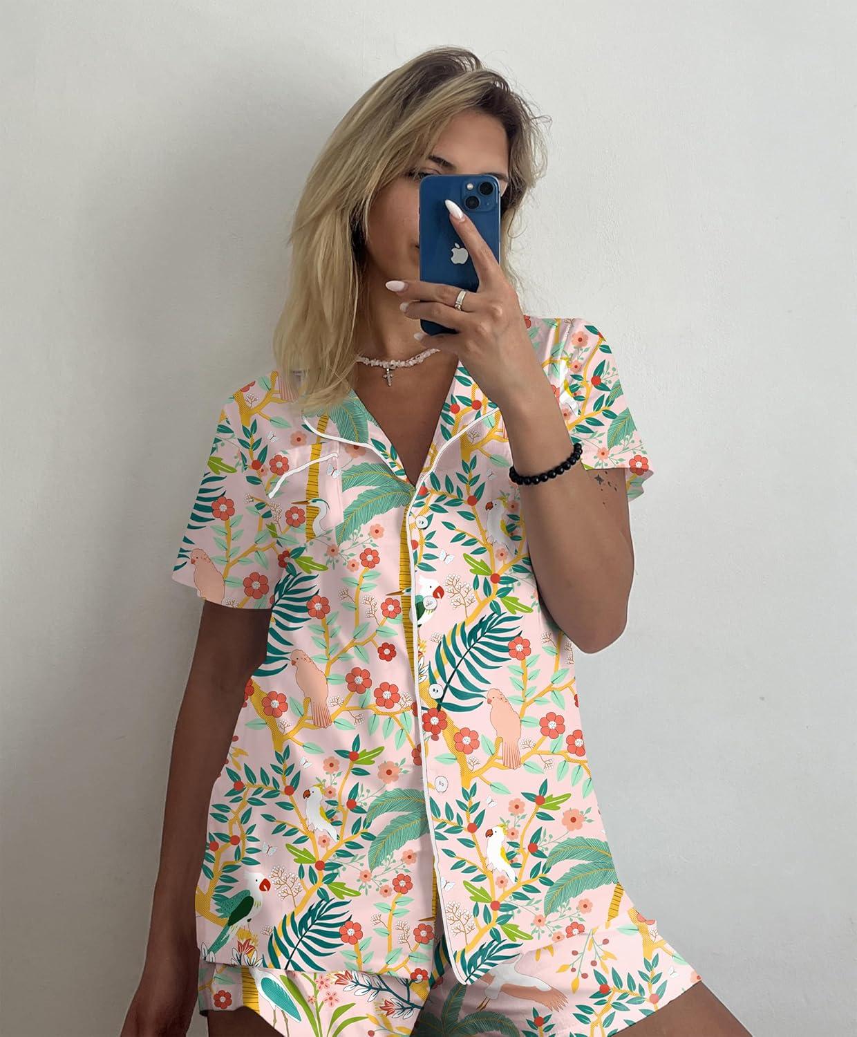 imageEkouaer Pajamas Set for Women Short Sleeve Sleepwear Button Down Pjs Soft 2 Piece Lounge Sets XSXXXLPink Floral Print