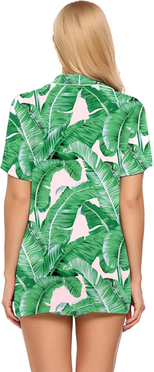 imageEkouaer Pajamas Set for Women Short Sleeve Sleepwear Button Down Pjs Soft 2 Piece Lounge Sets XSXXXLPink Leaves
