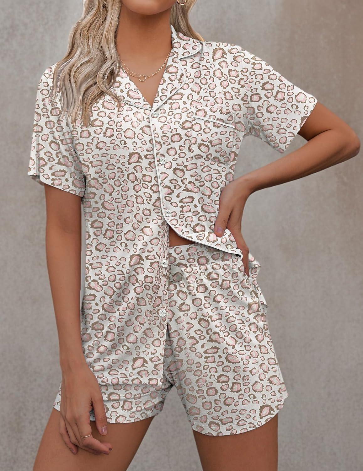 imageEkouaer Pajamas Set for Women Short Sleeve Sleepwear Button Down Pjs Soft 2 Piece Lounge Sets XSXXXLPink Leopard