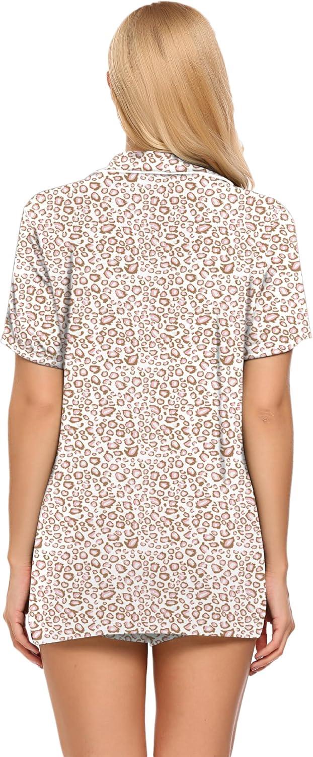 imageEkouaer Pajamas Set for Women Short Sleeve Sleepwear Button Down Pjs Soft 2 Piece Lounge Sets XSXXXLPink Leopard