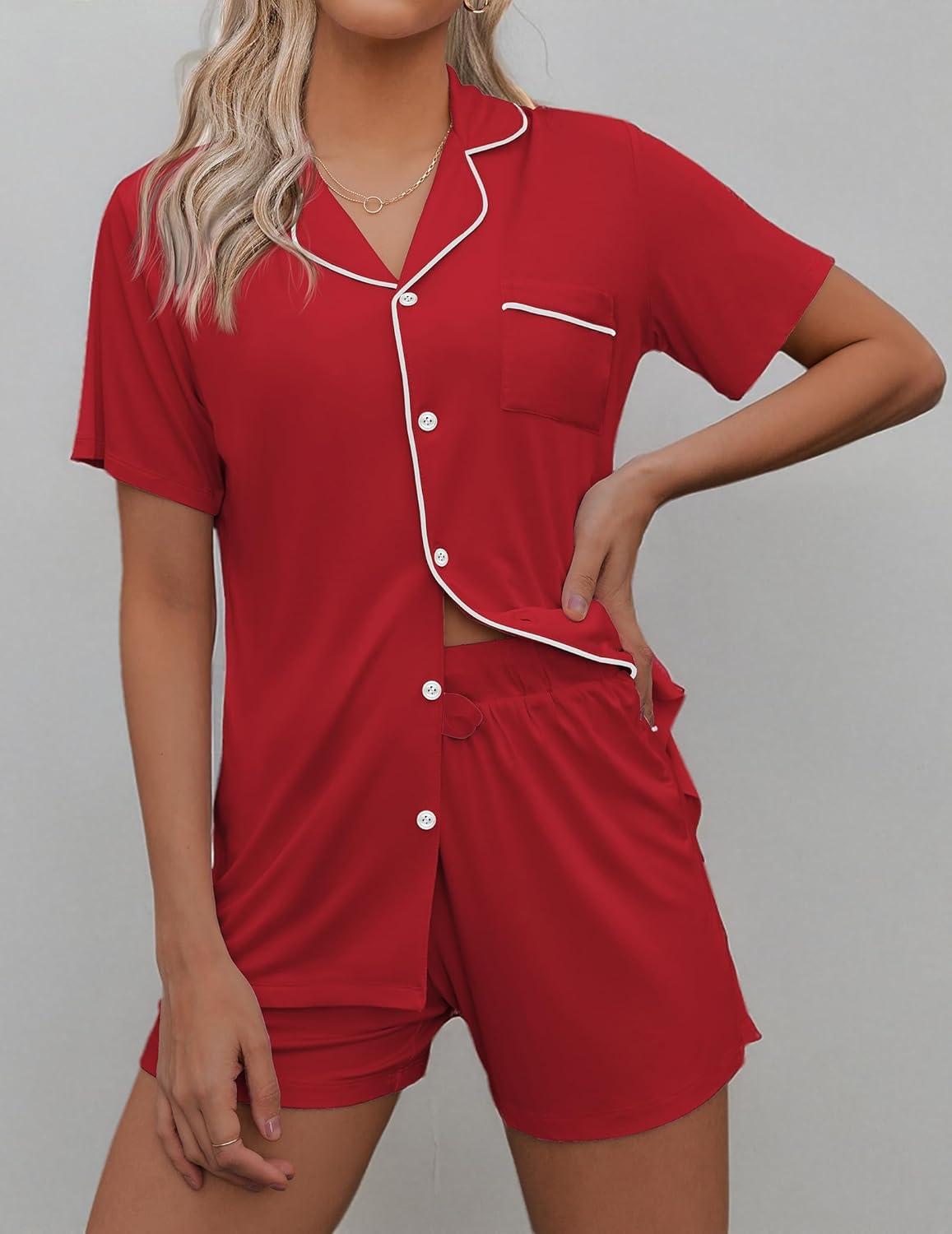 imageEkouaer Pajamas Set for Women Short Sleeve Sleepwear Button Down Pjs Soft 2 Piece Lounge Sets XSXXXLRed