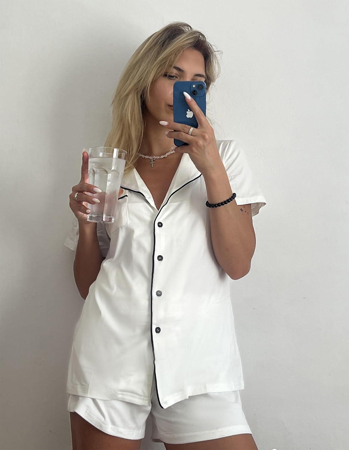 imageEkouaer Pajamas Set for Women Short Sleeve Sleepwear Button Down Pjs Soft 2 Piece Lounge Sets XSXXXLWhite