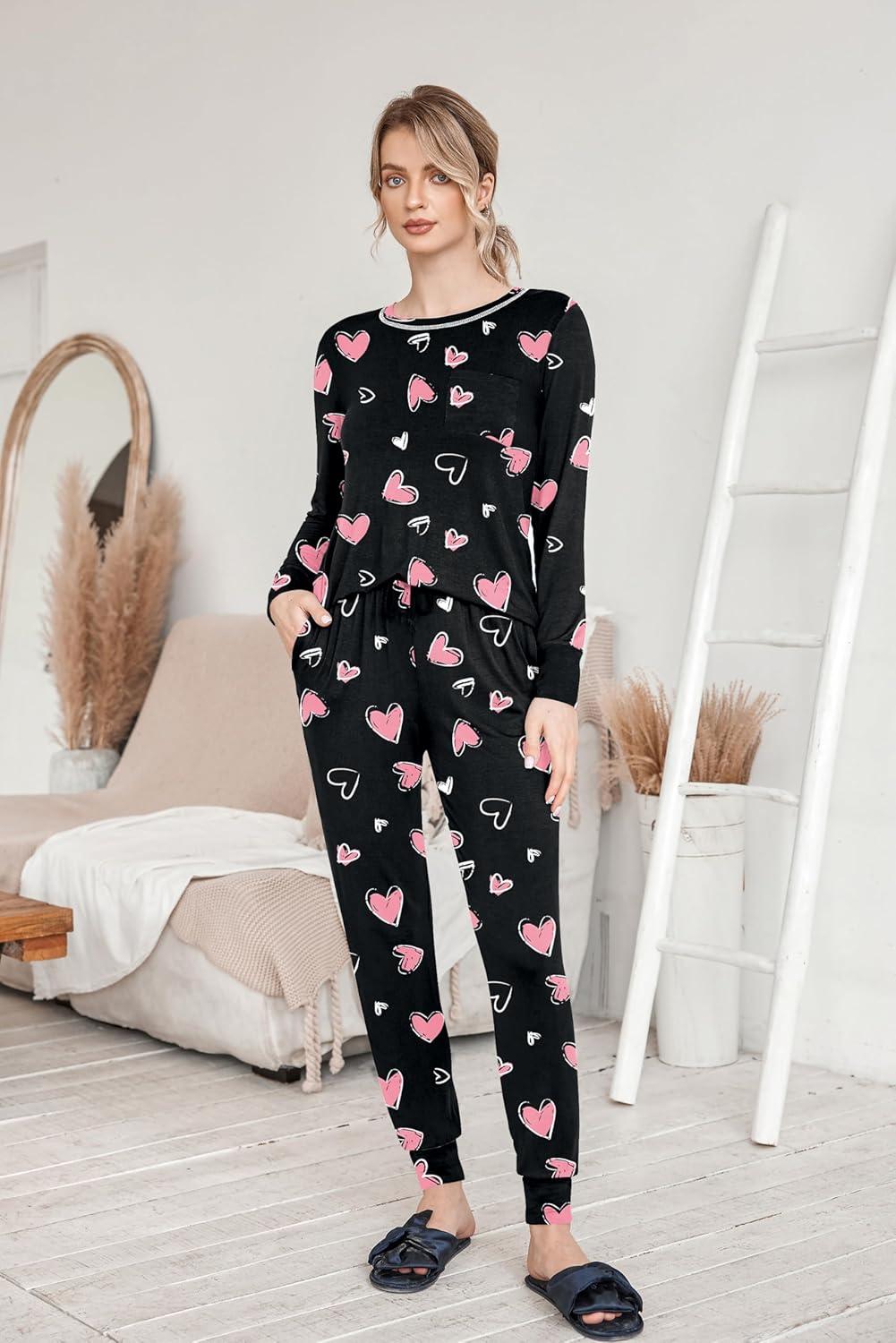 imageEkouaer Pajamas Womens Long Sleeve Sleepwear with Long Pants Soft Loungewear Pj Set SXXLBlack With Pink Hearts