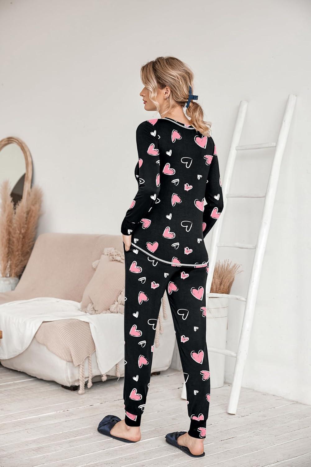 imageEkouaer Pajamas Womens Long Sleeve Sleepwear with Long Pants Soft Loungewear Pj Set SXXLBlack With Pink Hearts