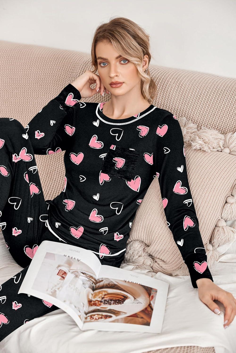 imageEkouaer Pajamas Womens Long Sleeve Sleepwear with Long Pants Soft Loungewear Pj Set SXXLBlack With Pink Hearts