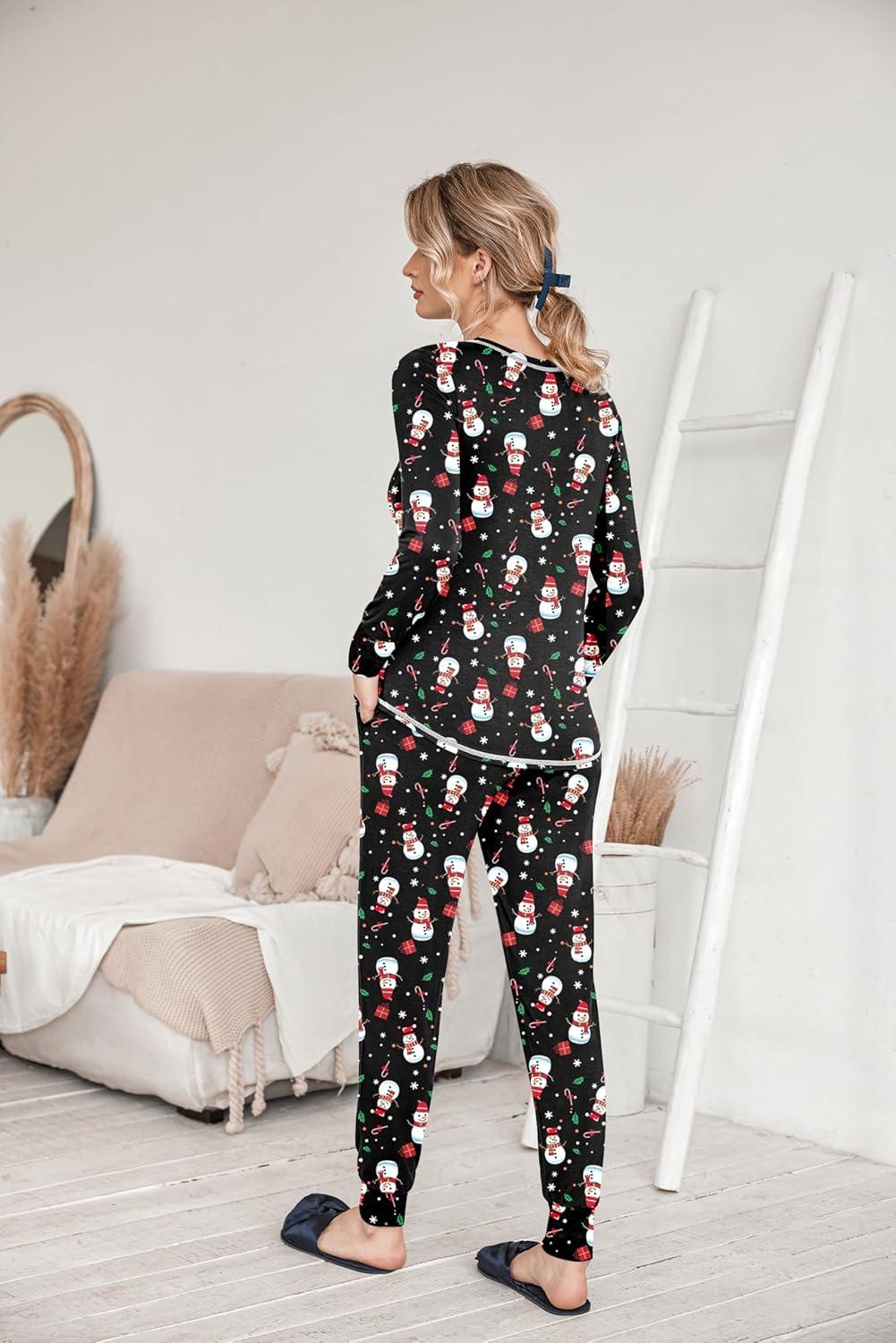 imageEkouaer Pajamas Womens Long Sleeve Sleepwear with Long Pants Soft Loungewear Pj Set SXXLBlack With Santa Claus