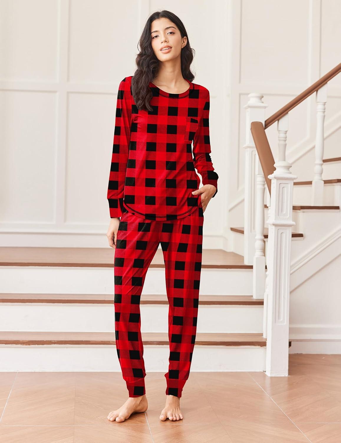imageEkouaer Pajamas Womens Long Sleeve Sleepwear with Long Pants Soft Loungewear Pj Set SXXLBlack and Red Plaid