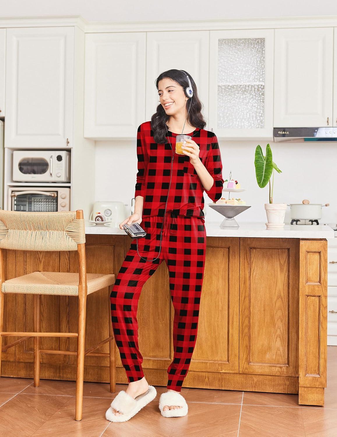 imageEkouaer Pajamas Womens Long Sleeve Sleepwear with Long Pants Soft Loungewear Pj Set SXXLBlack and Red Plaid