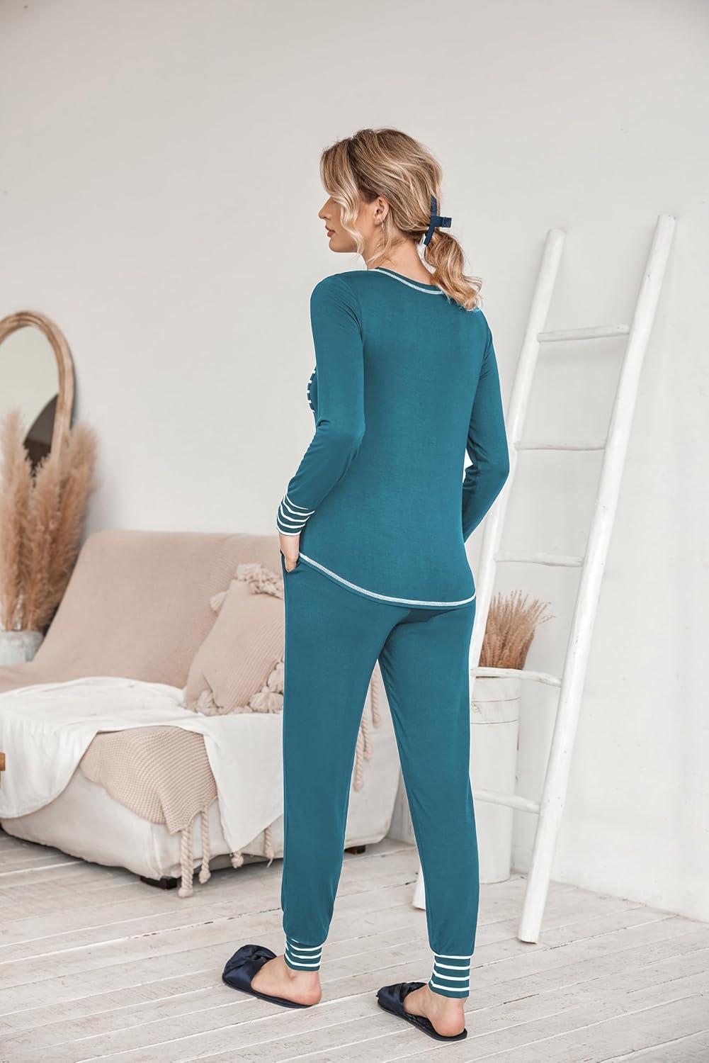imageEkouaer Pajamas Womens Long Sleeve Sleepwear with Long Pants Soft Loungewear Pj Set SXXLBlue Green