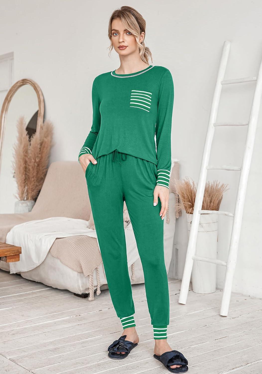 imageEkouaer Pajamas Womens Long Sleeve Sleepwear with Long Pants Soft Loungewear Pj Set SXXLBright Green