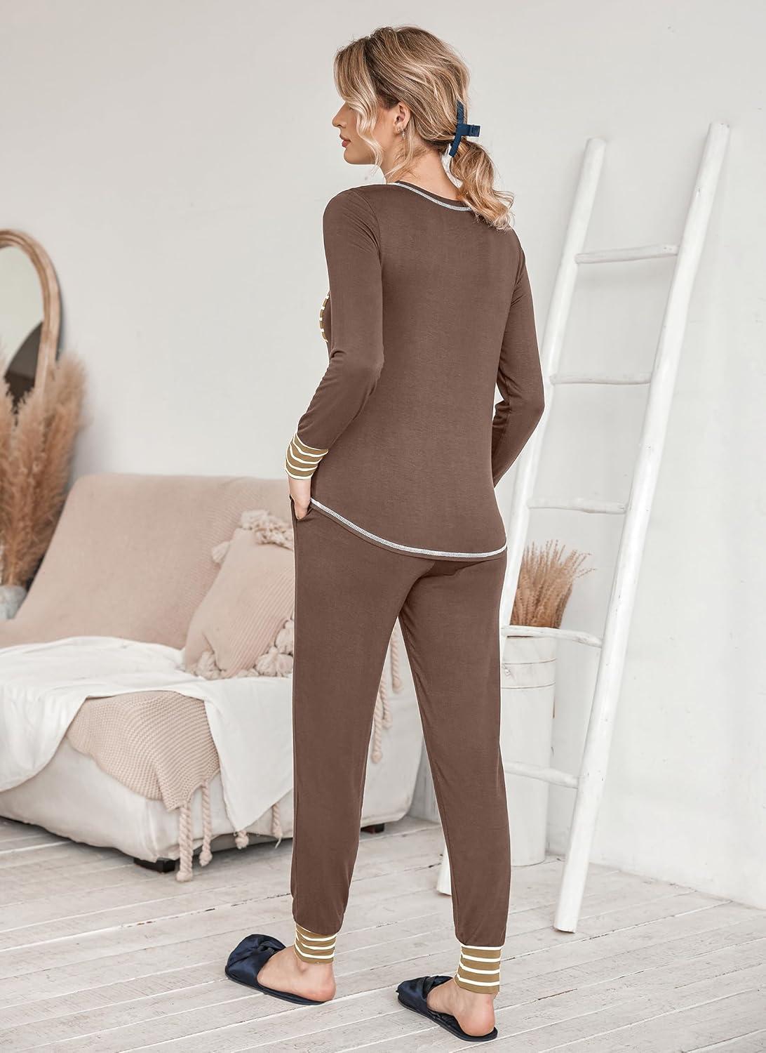 imageEkouaer Pajamas Womens Long Sleeve Sleepwear with Long Pants Soft Loungewear Pj Set SXXLBrown