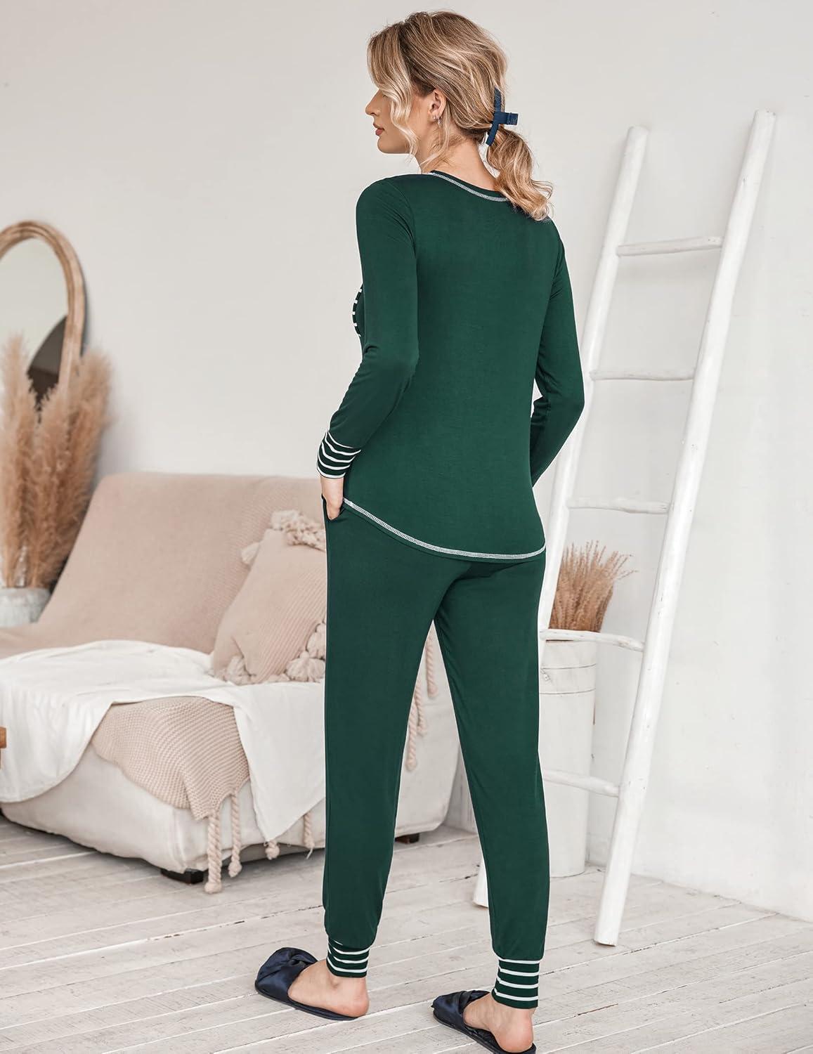 imageEkouaer Pajamas Womens Long Sleeve Sleepwear with Long Pants Soft Loungewear Pj Set SXXLGreen