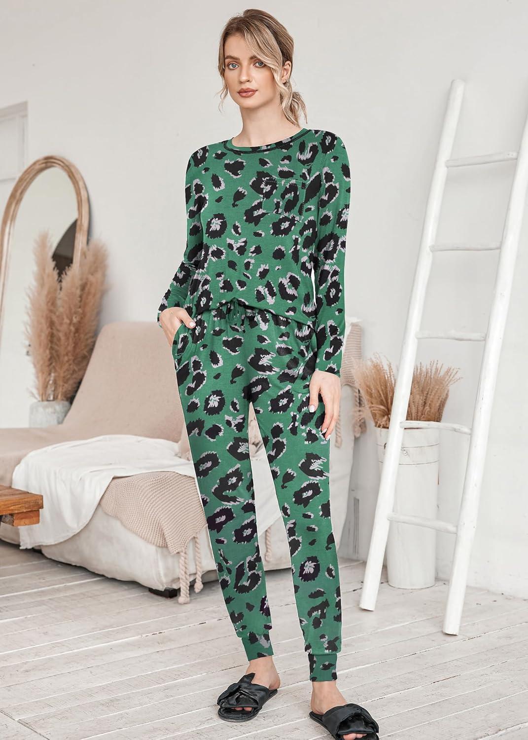 imageEkouaer Pajamas Womens Long Sleeve Sleepwear with Long Pants Soft Loungewear Pj Set SXXLGreen Leopardprint
