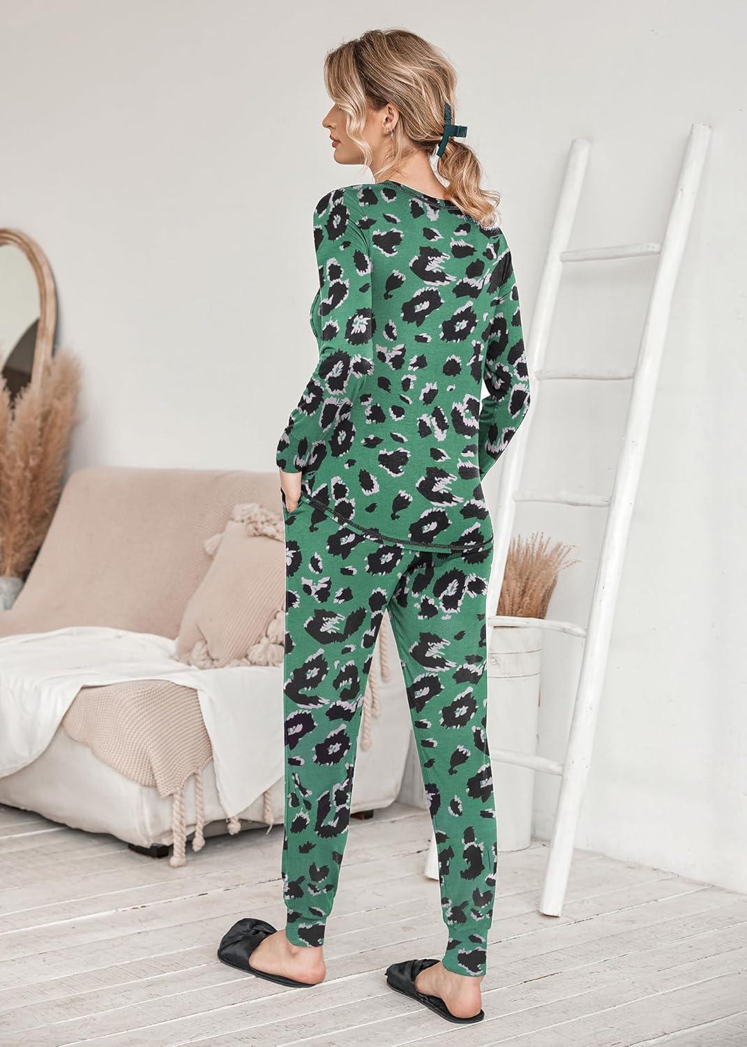 imageEkouaer Pajamas Womens Long Sleeve Sleepwear with Long Pants Soft Loungewear Pj Set SXXLGreen Leopardprint