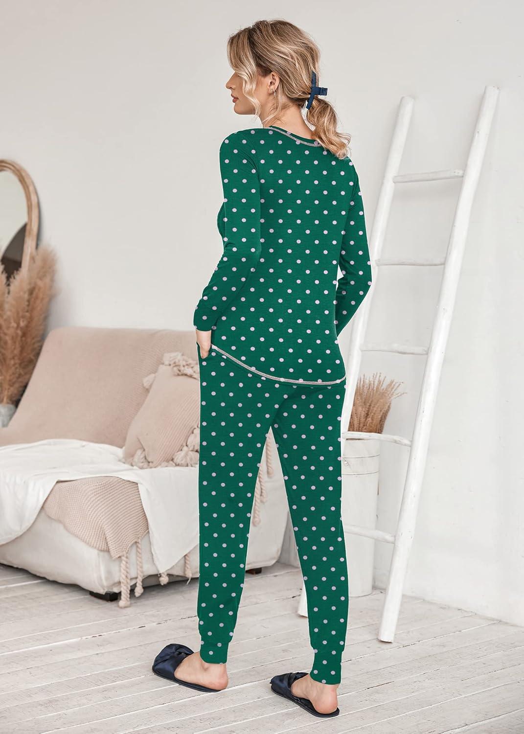 imageEkouaer Pajamas Womens Long Sleeve Sleepwear with Long Pants Soft Loungewear Pj Set SXXLGreen Small Point