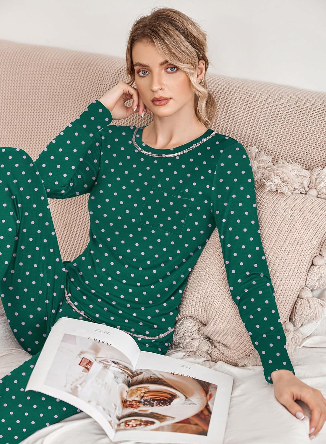 imageEkouaer Pajamas Womens Long Sleeve Sleepwear with Long Pants Soft Loungewear Pj Set SXXLGreen Small Point