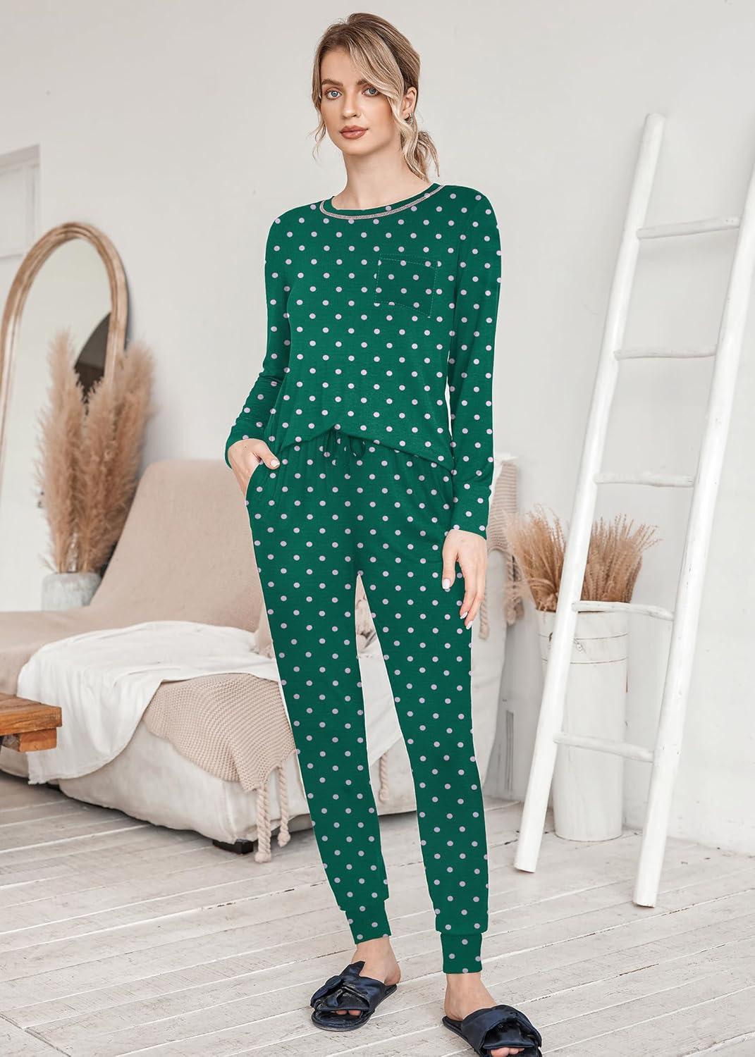imageEkouaer Pajamas Womens Long Sleeve Sleepwear with Long Pants Soft Loungewear Pj Set SXXLGreen Small Point