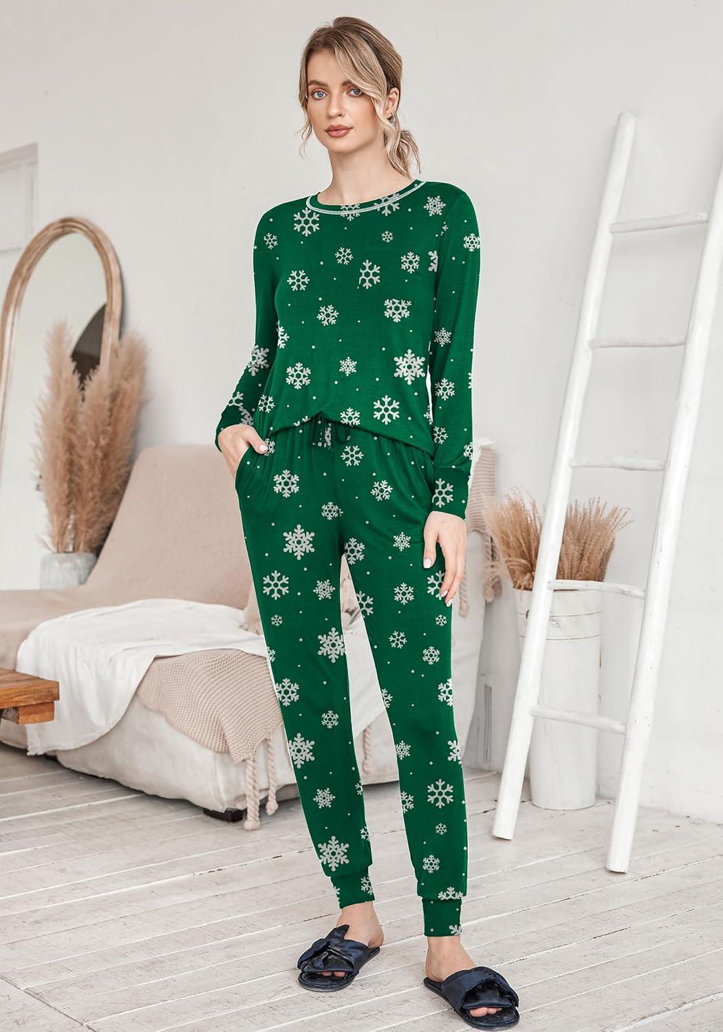 imageEkouaer Pajamas Womens Long Sleeve Sleepwear with Long Pants Soft Loungewear Pj Set SXXLGreen Snowflakes