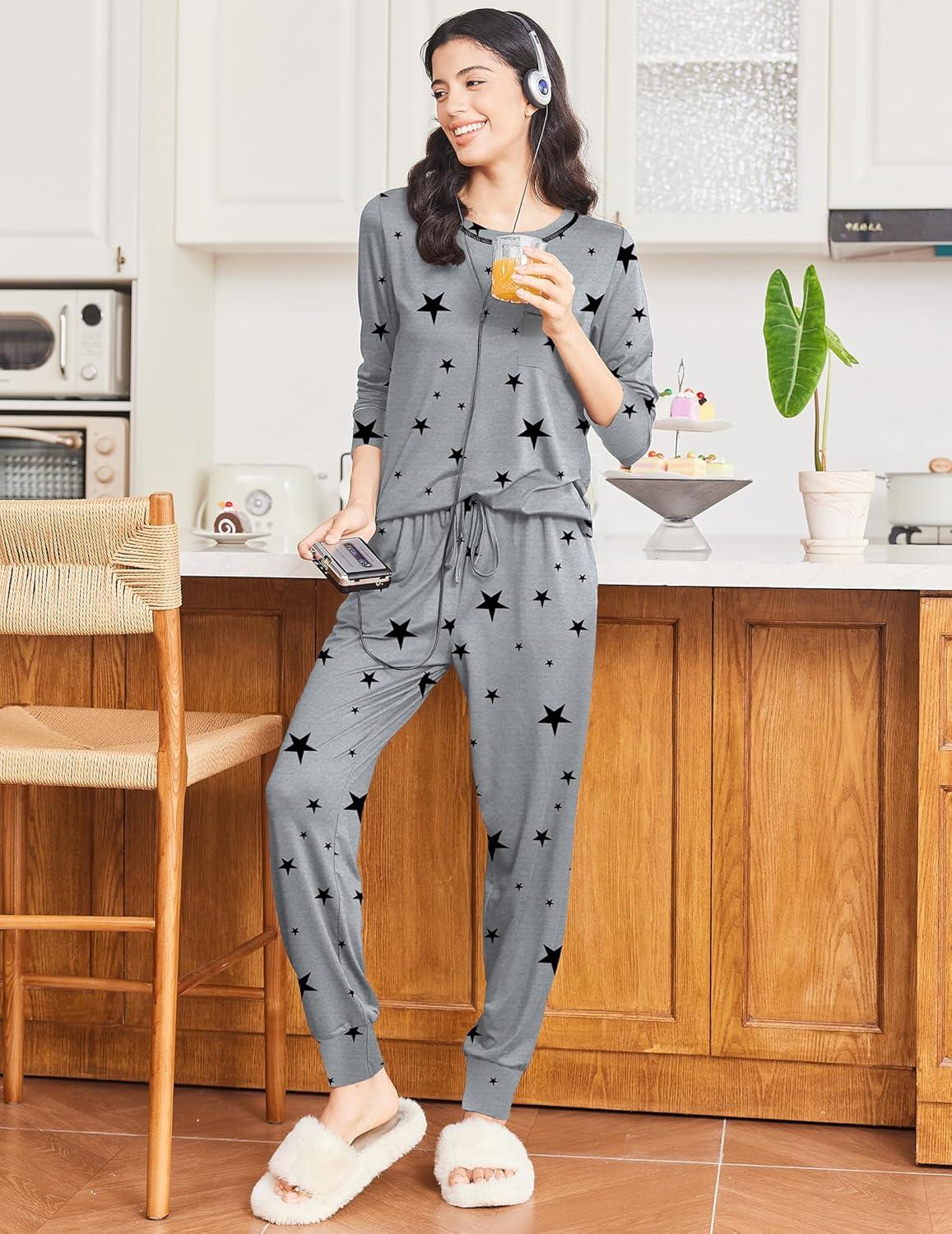 imageEkouaer Pajamas Womens Long Sleeve Sleepwear with Long Pants Soft Loungewear Pj Set SXXLGrey Black Star