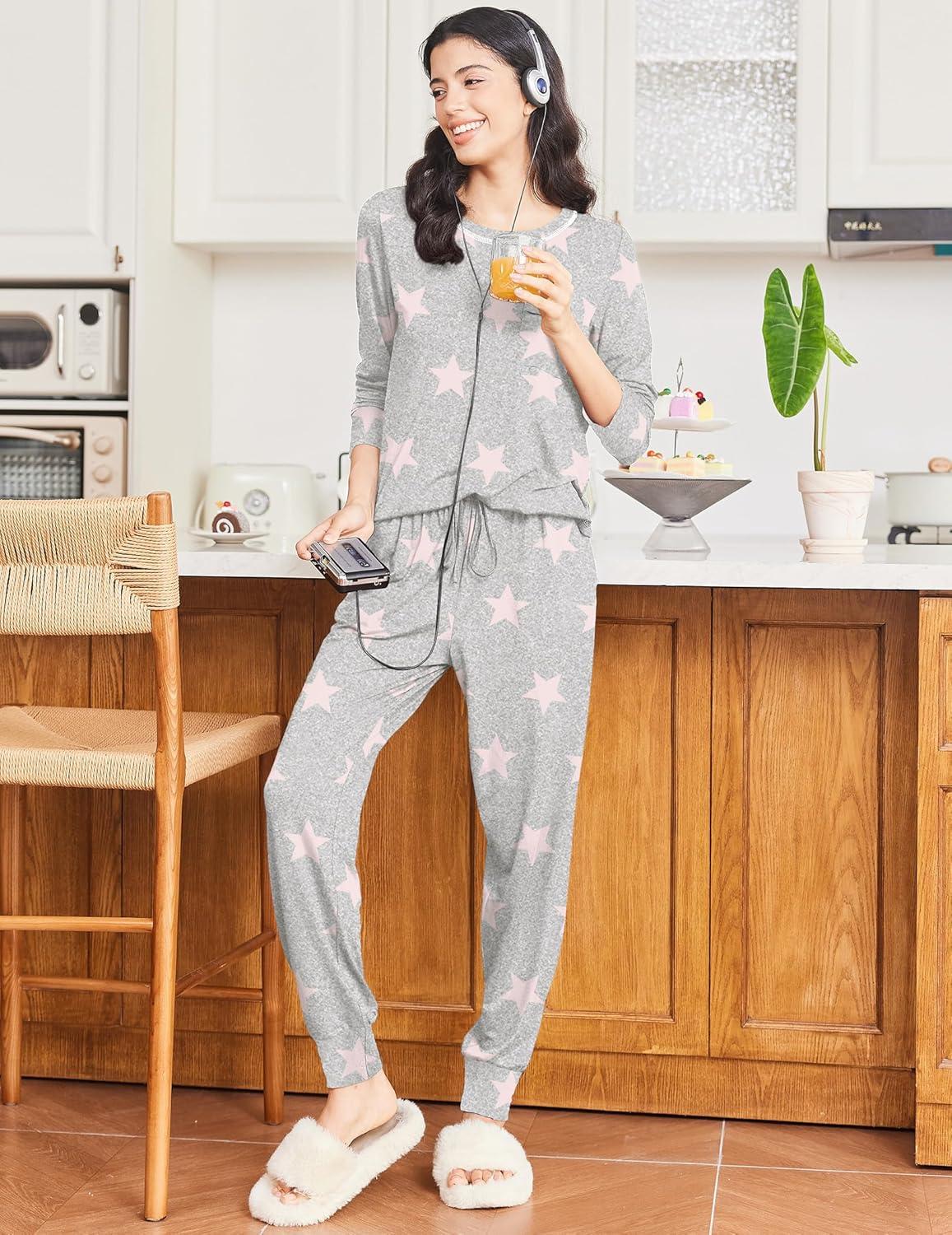 imageEkouaer Pajamas Womens Long Sleeve Sleepwear with Long Pants Soft Loungewear Pj Set SXXLGrey Stars
