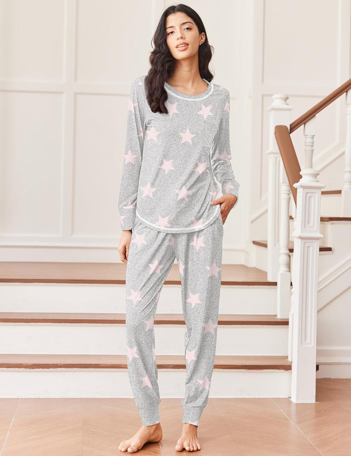 imageEkouaer Pajamas Womens Long Sleeve Sleepwear with Long Pants Soft Loungewear Pj Set SXXLGrey Stars