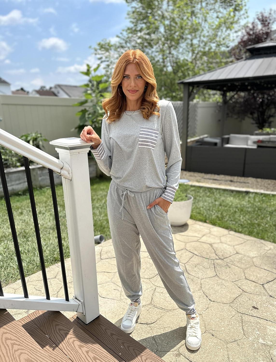 imageEkouaer Pajamas Womens Long Sleeve Sleepwear with Long Pants Soft Loungewear Pj Set SXXLLight Grey