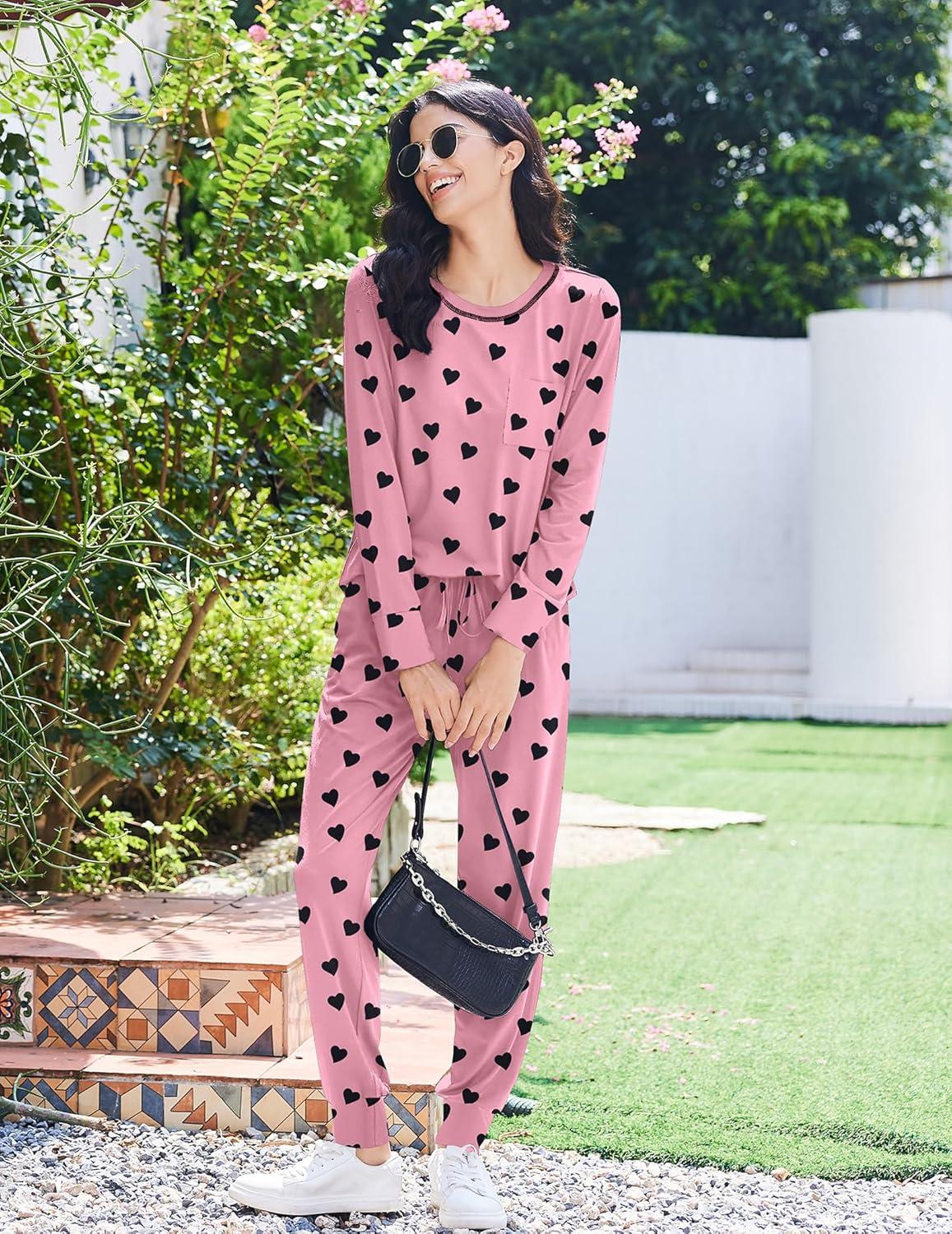 imageEkouaer Pajamas Womens Long Sleeve Sleepwear with Long Pants Soft Loungewear Pj Set SXXLPink Hearts