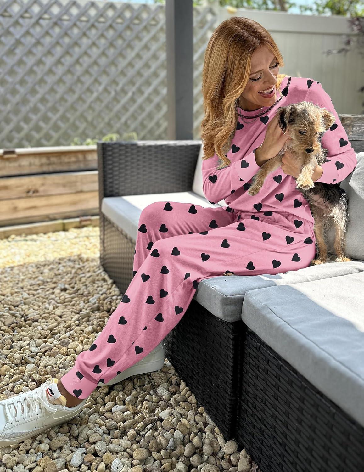imageEkouaer Pajamas Womens Long Sleeve Sleepwear with Long Pants Soft Loungewear Pj Set SXXLPink Hearts
