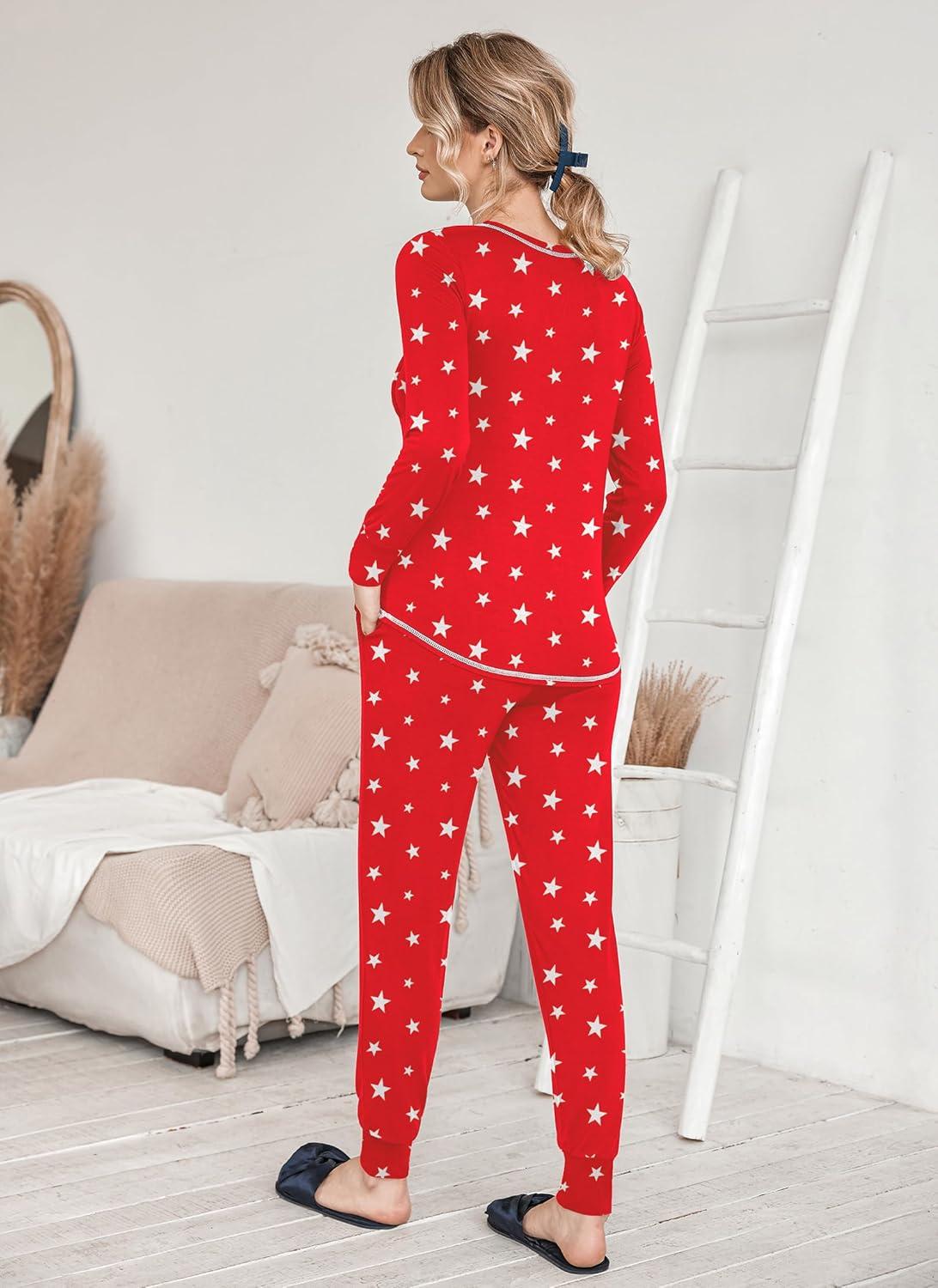imageEkouaer Pajamas Womens Long Sleeve Sleepwear with Long Pants Soft Loungewear Pj Set SXXLRed Stars