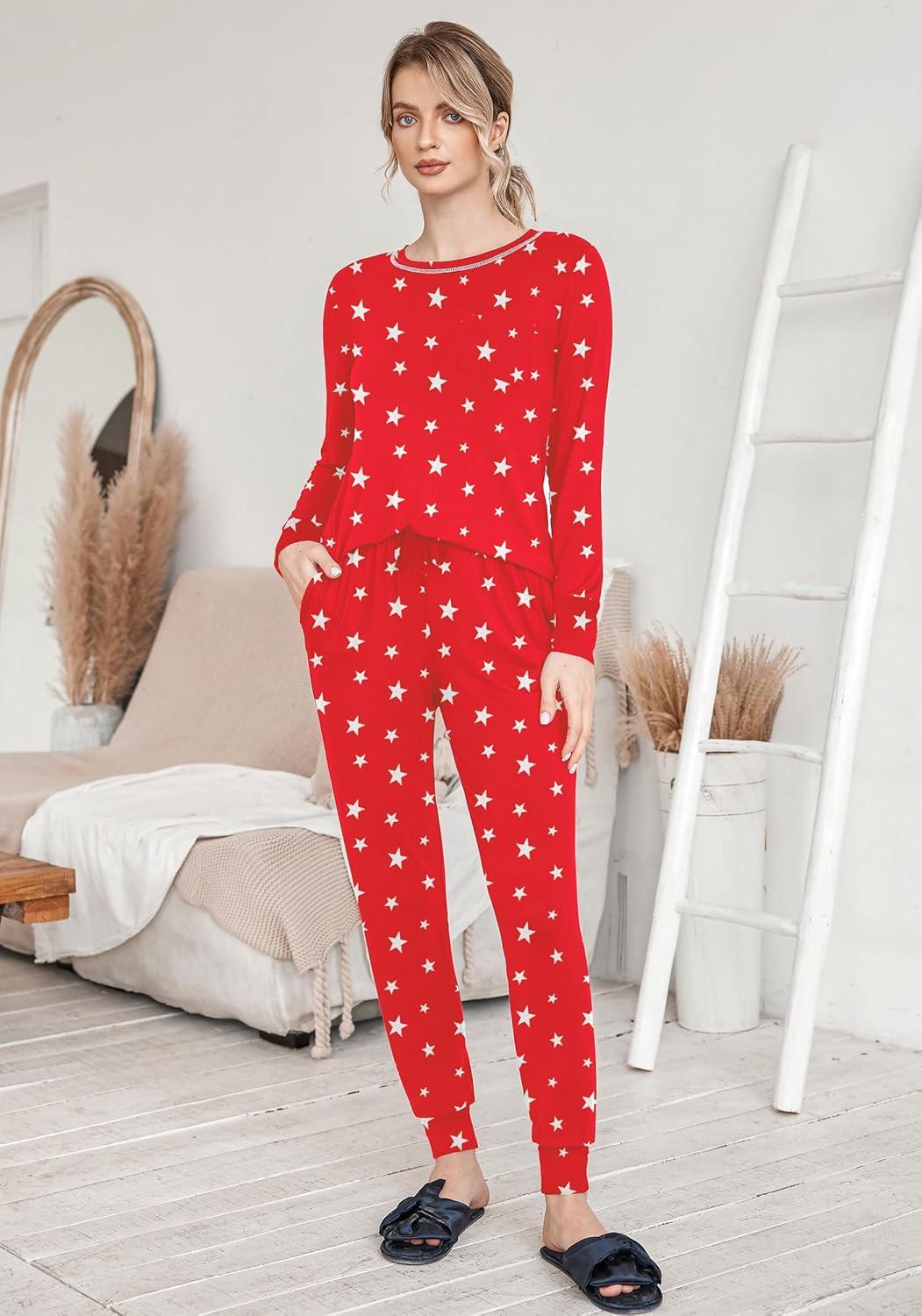 imageEkouaer Pajamas Womens Long Sleeve Sleepwear with Long Pants Soft Loungewear Pj Set SXXLRed Stars