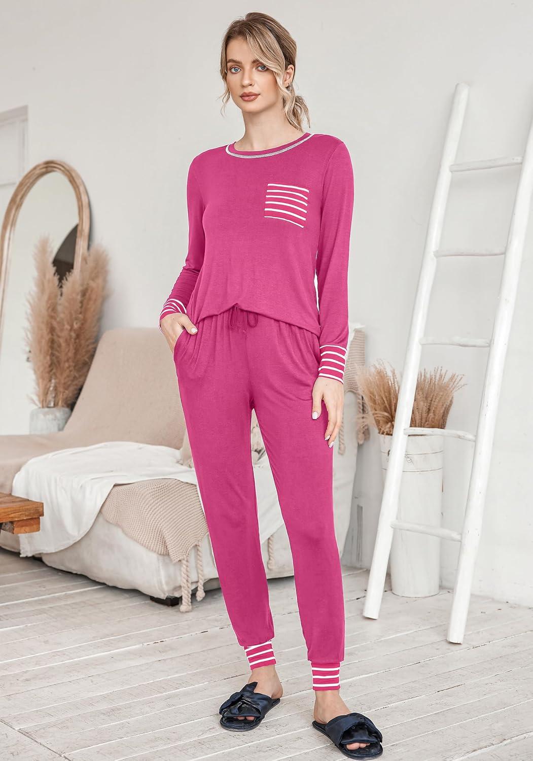 imageEkouaer Pajamas Womens Long Sleeve Sleepwear with Long Pants Soft Loungewear Pj Set SXXLRose Red