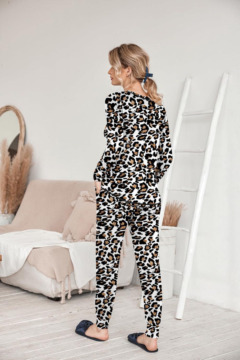 imageEkouaer Pajamas Womens Long Sleeve Sleepwear with Long Pants Soft Loungewear Pj Set SXXLWhite Leopard